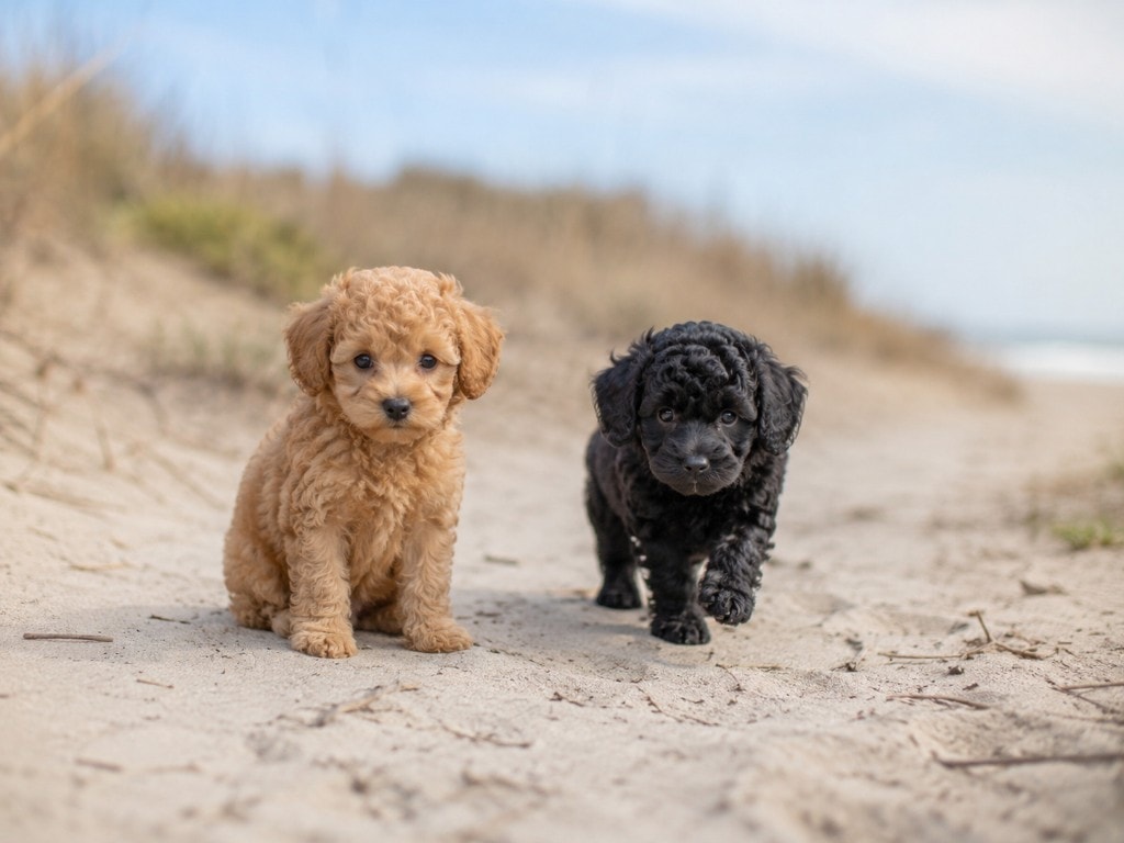 Due cuccioli di Barboncino sulla sabbia